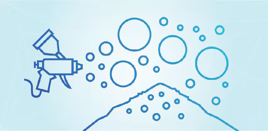 スプレーガンが三角形の表面に円形の粒子を噴射する様子を想像してください
