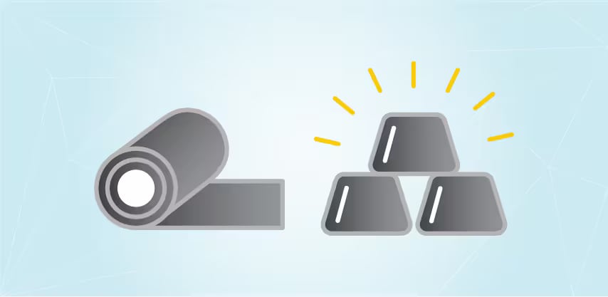 左側に圧延された金属板、右側に黄色い光線を放つ3つの積み重ねられた金属インゴットの画像
