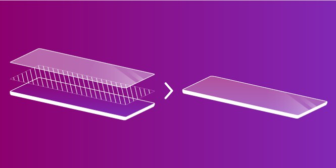 Visualization of a screen being protected with optical bonding and 3M adhesives.
