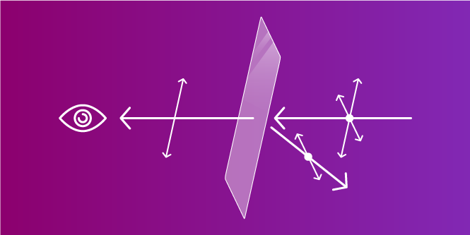 A visualization of polarization control with 3M display solutions of light passing through multiple films and reflecting off several surfaces.
