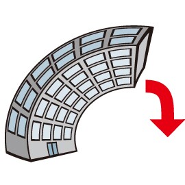 A drawing of a building bending over, a curvved arrow bends and points downwards signifying the building is collapsing
