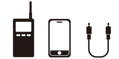 Line drawings of a two-way radio, smartphone, and cable
