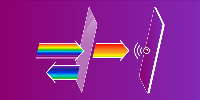 A visualization of colorful light hitting a display, with the warm colors moving through to the eyes and the cool colors bouncing back.
