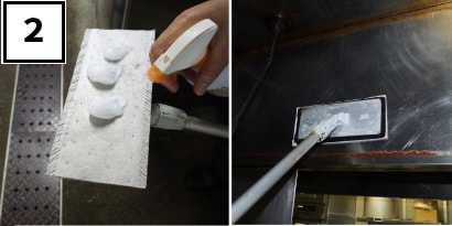 「3M™ ウエット ディスポーザブルモップ ガンコな油汚れ用」に油汚れ用弱アルカリ洗剤をふきかけます。レンジフード内が温まっている状態で、レンジフード内外を清掃します。
