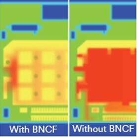 Heat map showing heat dissipation inside antenna boxes with and without 3M Boron Nitride Cooling Fillers.