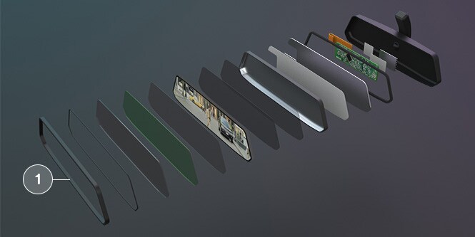 3M™ 薄手両面テープ、3M™ VHB™ テープ、3M™ 準構造用テープ付きミラーボタンの施工箇所を示すディスプレイ貼合図解