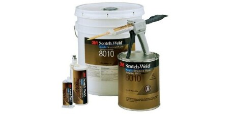 Product family shot showing Scotch-Weld™ Structural Plastic Adhesive DP-8010 in a pail, can and various cartridge sizes
