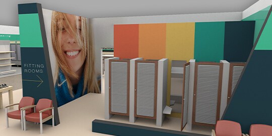 Illustration of fitting rooms with colorful wall wraps and graphic wraps
