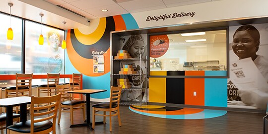 A bakery with colorful wall wraps, window wraps and floor wraps.
