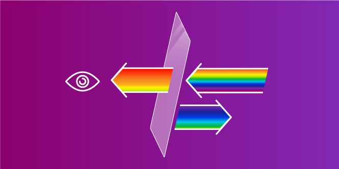 A visualization of colorful light hitting a display, with the warm colors moving through to the eyes and the cool colors bouncing back.
