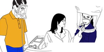 A drawing of a man wearing a respirator while a woman is holding up a respirator to another woman who is wearing a large head protector

