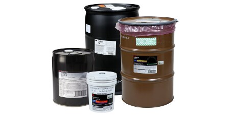 Image showing different bulk adhesives in sizes ranging from a pail up to different-sized barrels
