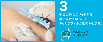 中央の波状スリットから端に向けてゆっくりキャリアフィルムを剥がします。

