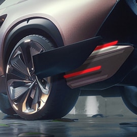 近未来的な車両の、精巧でディテールに富んだリアクォーターパネル