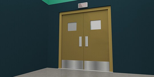 Illustration of double doors with exit sign above.
