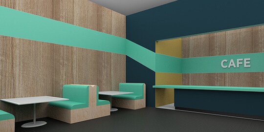 Illustration of café with seafoam green wall wrap, sign and booths.
