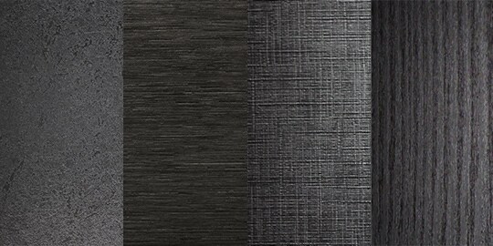 Four finishes, in dark gray textures, for overlaminate options.

