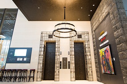 A retail space with stone architectural finishes.