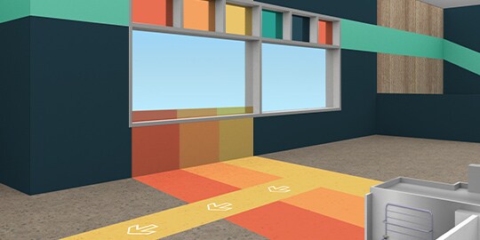 Illustration of retail spaces with colorful wall wraps and wayfinding signage.
