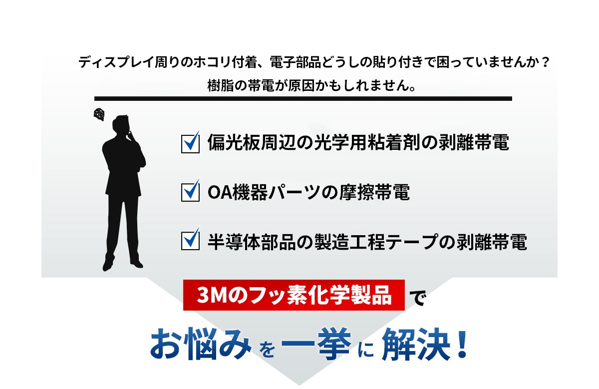 ディスプレイ周りのホコリ付着、電子部品どうしの貼り付きで困っていませんか？樹脂の帯電が原因かもしれません。