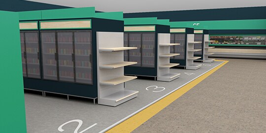 Illustration of grocery store with graphics identifying aisle numbers.
