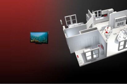 An image of a television and a 3D diagram of the inside of a house with the electronic systems within the house highlighted in red.