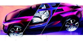 紫色のスポーツセダンで、真ん中に白い内装シートが見える。

