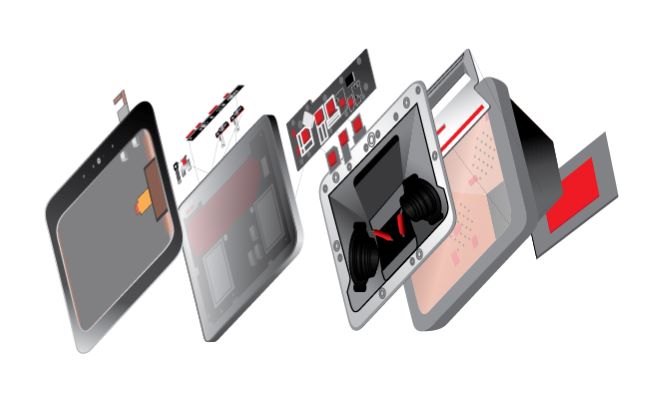 スマートスピーカーの組み立てと内部の電気部品を示す分解斜視図。
