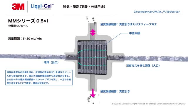 3M3M™ Liqui-Cel MMシリーズ 0.5 x 1 分離膜モジュール　脱気原理の説明　動画
