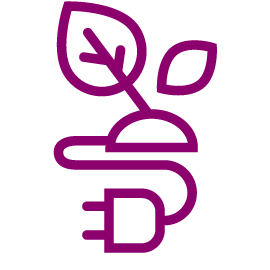 Sustainable electronics icon with a leaf and an electrical plug.