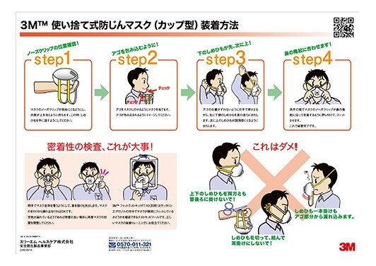 3M™ 使い捨て式防じんマスク（カップ型）装着方法
