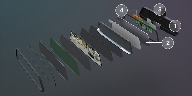 3M™ 熱伝導性インターフェーステープ、3M™ 熱伝導性インターフェースシート、3M™ EMIアブソーバー、3M™ 導電性テープの施工箇所を示すバックミラーの図解
