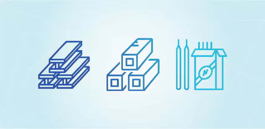 積み重ねられた金属棒、四角い梁、溶接電極ボックスの画像
