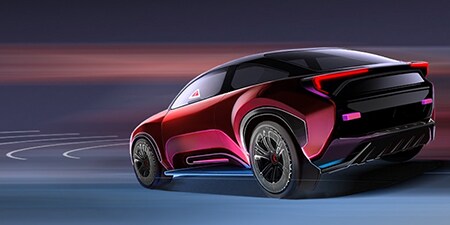 A sedan driving with sensors in the front.
