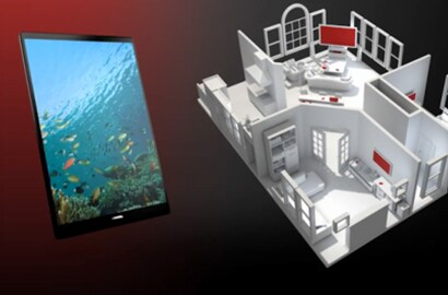 An image of a tablet and a 3D diagram of the inside of a house with the electronic systems within the house highlighted in red.
