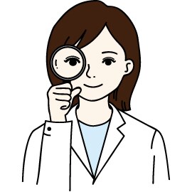 A line drawing of a woman holding a magnifying glass to her eye