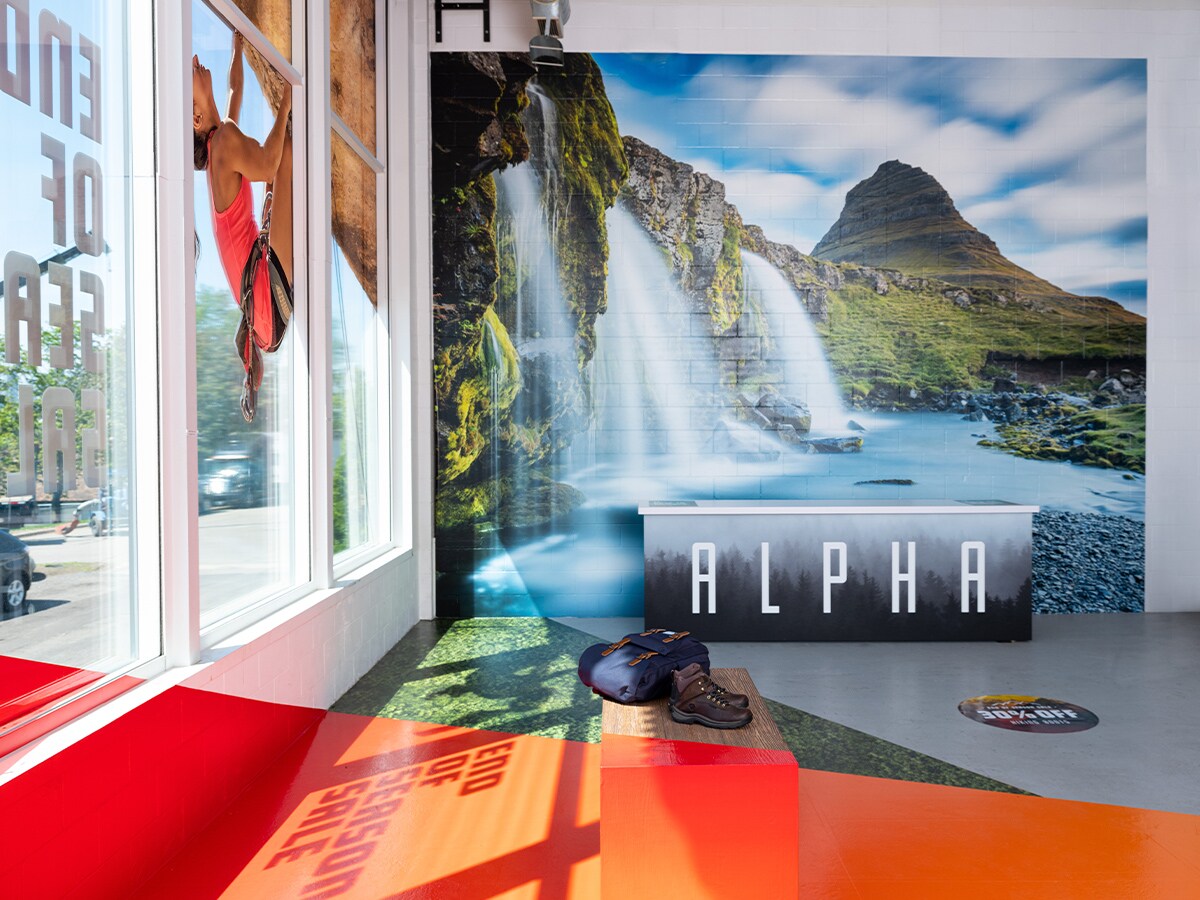 Interior retail space using wall wraps, window wraps and graphic wraps to promote outdoor adventures.
