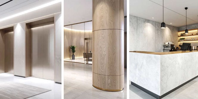 3次元曲面にも貼り付け可能で、改修用途にも最適でエレベーターホール、カウンター周り、柱、トイレなどにもおすすめです
