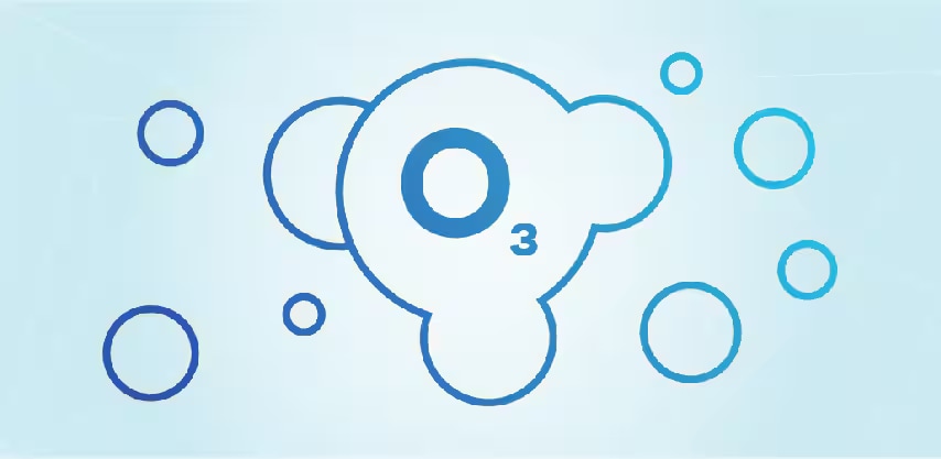 青色のオゾン分子の画像、薄い青色の背景に
