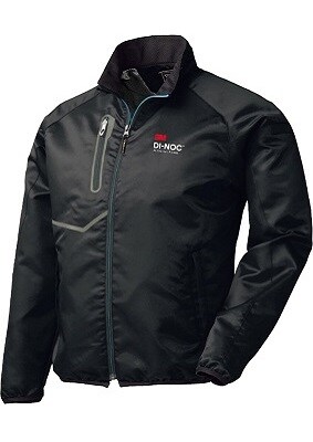A black jacket with a red logo displayed prominently.
