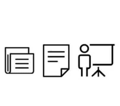 black icons of a PDF and a person presenting