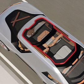 真上からみたサンルーフ。さまざまな種類の素材に使用された3Mの接着剤が、赤く強調されている。